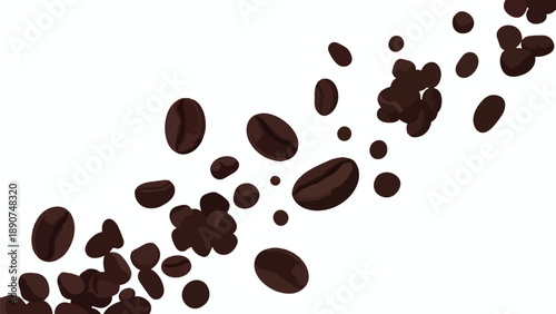 Dynamic scattering of rich, aromatic coffee beans, illustrating freshness and stimulating energy across a pristine white canvas, perfect for