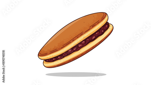 Japanese dorayaki illustration featuring fluffy golden pancakes filled with sweet red bean paste, a traditional confectionery snack for delicious