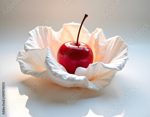 Bright red glossy fruit in delicate white sculptural paper bowl