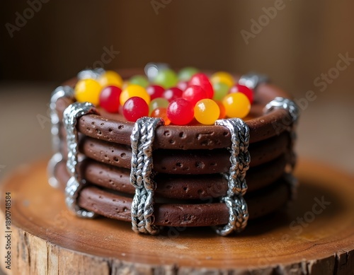 Stacked chocolate biscuits with colorful candies and silver accents