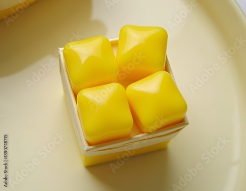 Bright yellow pyramid-top jelly candies in a square paper cup