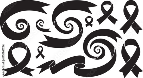Black Ribbons and Bows on White Background Illustration Set
