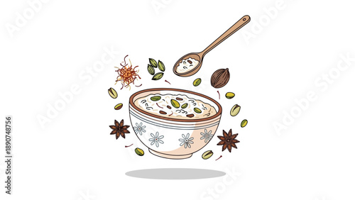 Whimsical illustration of a sweet dessert bowl brimming with flavorful garnishes. Pistachios, star anise, and fragrant spices artistically float