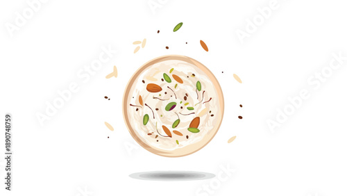 A delightful illustration of a rich, creamy dessert bowl, generously topped with vibrant green pistachios and golden almonds, elegantly presented