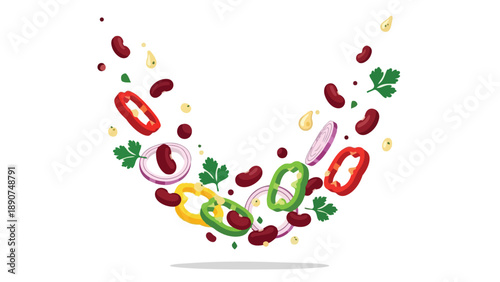 Vibrant culinary ingredients cascade gracefully on a pristine white backdrop, illustrating a dynamic explosion of fresh, wholesome flavors ready for