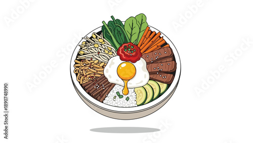 An inviting digital illustration of a vibrant Korean bibimbap bowl, meticulously arranged with colorful fresh vegetables, succulent meat, and a