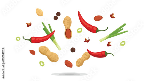 A vibrant illustration of essential cooking ingredients like red chili peppers, fresh green onions, and whole peanuts, scattered artfully to convey