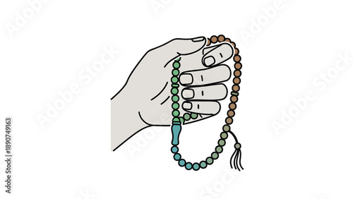 Hand holding colorful prayer beads tightly.
