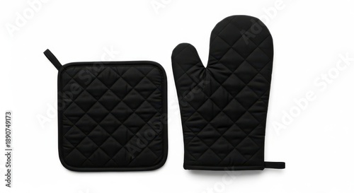 Black quilted oven mitt and potholder set