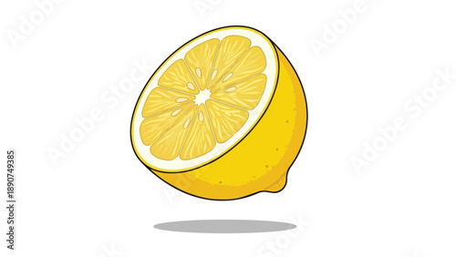 Vibrant sliced citrus fruit, a juicy yellow lemon half presented in a crisp vector illustration, perfect for beverage or healthy eating designs and