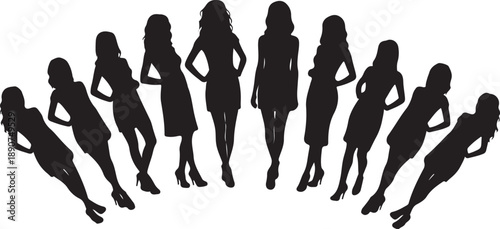 Silhouettes of women in various poses and dresses standing