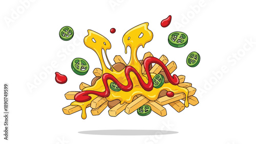 Lively cartoon depiction of crispy fries, gooey cheese, zesty ketchup, and spicy jalapeño slices