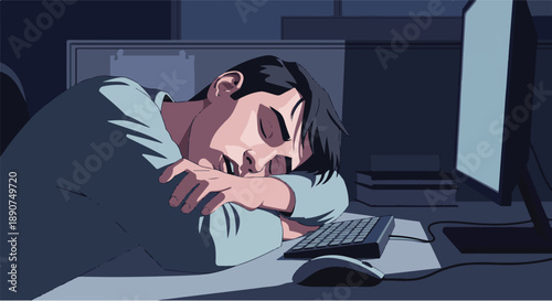 Man sleeping at computer desk in dark office late at night overworking exhaustion and burnout concept