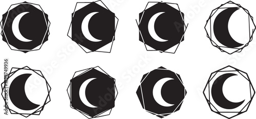 Crescent Moon Phases in Geometric Shapes Illustration Set