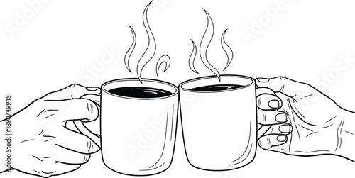 Handdrawn line art of two hands toasting with steaming hot coffee mugs.