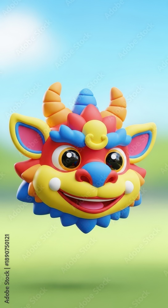 Fototapeta premium Colorful mythical creature head floats against a bright outdoor background