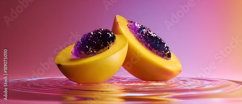 Vibrant peach halves with amethyst crystal geodes on rippled water