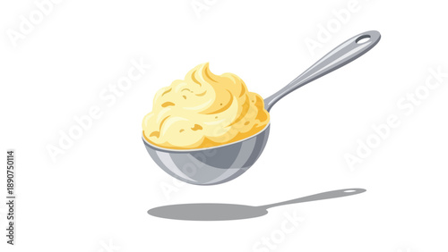 A gleaming metallic kitchen ladle, perfectly poised and generously filled with a soft, golden yellow food, casting a subtle shadow on a clean white
