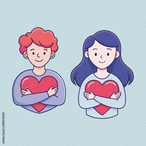 Cute Couple Holding Heart Cartoon Character Illustration