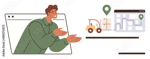 E-commerce, logistics, delivery service, online booking, transportation, tracking system. A person pointing from an online interface to a map and forklift. E-commerce and logistics concept