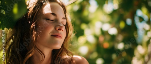 Peaceful young woman with freckles soaking up sunshine