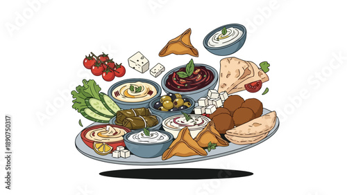 An exquisite hand-drawn illustration depicting a vibrant and abundant Mediterranean mezze platter, showcasing an array of savory dips, crispy