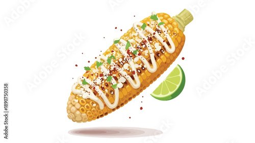Delicious grilled corn on the cob illustration with creamy sauce, crumbled cheese, fresh herbs, chili flakes, and a zesty lime wedge on a bright