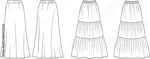 Technical fashion sketch of flared and tiered skirts, garment construction details, waistband styles, seam lines, design elements