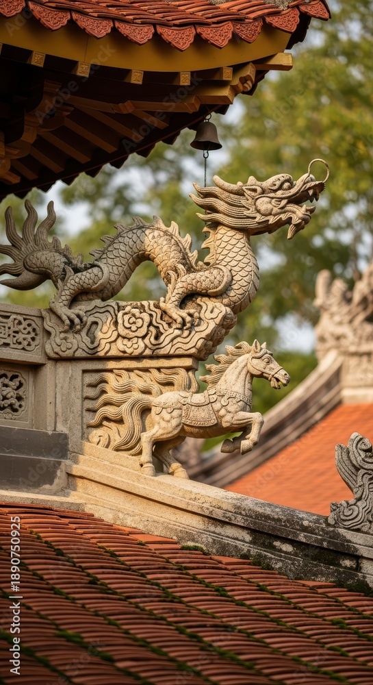 Fototapeta premium Stone mythological carvings adorn the ornate rooftop eaves of an East Asian religious structure