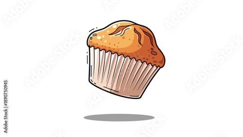 Golden muffin illustration with textured top and pleated cup floating on white background, conveying fresh baked delight and sweet confectionery