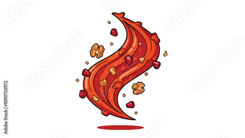 Dynamic stylized flow of vibrant red and orange liquid, artfully adorned with scattered glistening fruit seeds and crunchy nut pieces, an energetic