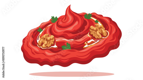 Vibrant Swirled Red Dip with Walnuts and Fresh Herbs Artful Illustration for Culinary Themes