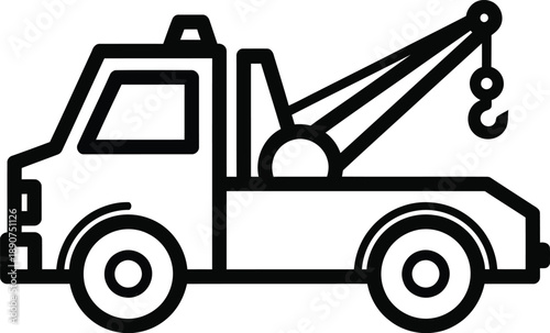 Simple black line art icon of a tow truck with a prominent crane and hook.