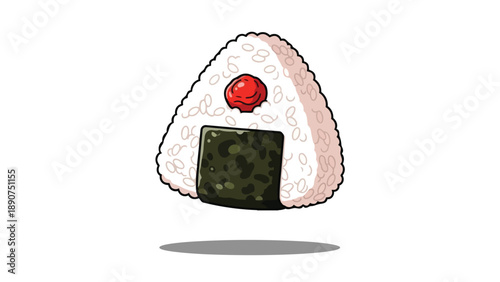 Charming illustrated Japanese onigiri with a vibrant red topping and classic nori band, a clean culinary graphic representing traditional Asian food