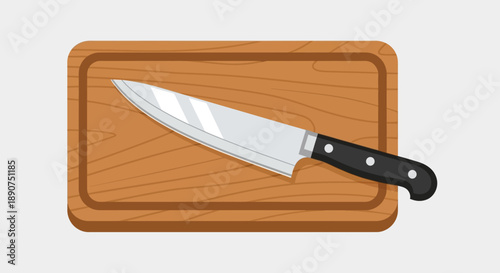 A sharp kitchen knife resting on a wooden cutting board in a minimalist design