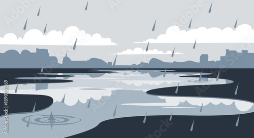 Monochromatic Rainy Cityscape Illustration with Water Reflections and Cloudscape Depiction