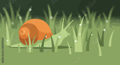 Illustration of a snail crawling through grass with morning dew drops on plants