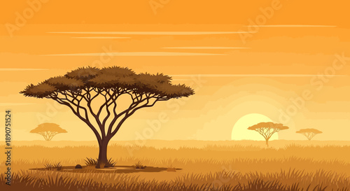 Serene african savanna landscape at sunset with acacia trees and warm colors, evoking a sense of