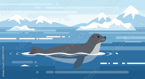 Flat illustration of a seal swimming in icy waters with snowy mountains background