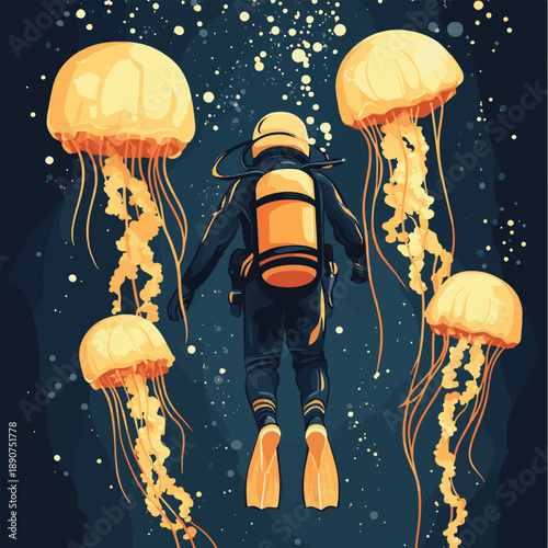 Colorful cartoon diver surrounded by jellyfish , vector style simple color
