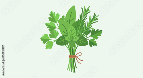 Delightful Cartoon Illustration of Fresh Herbs Bouquet Including Parsley Rosemary and Basil