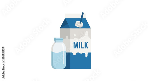 Minimalist vector illustration showcasing a milk carton and a bottle filled with fresh milk beverage