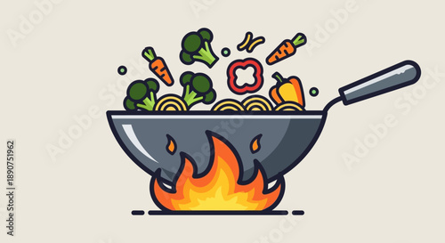 Stylized wok cooking illustration with vegetables and noodles on fire for culinary