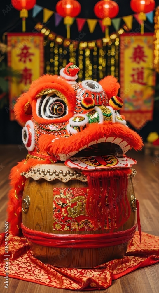 Fototapeta premium Vibrant traditional costume head rests atop a decorative wooden drum during a festive celebration
