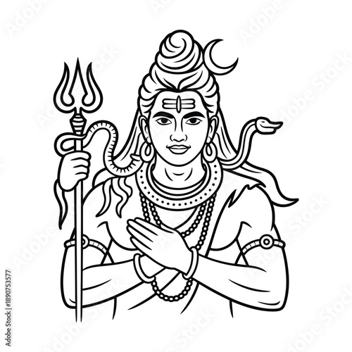 A black and white illustration of the Hindu god Shiva with a trident and snake