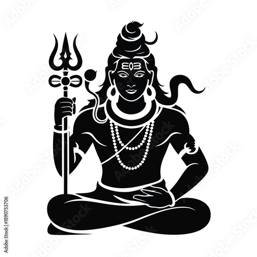 A black and white illustration of Lord Shiva sitting in a meditative pose with a trident