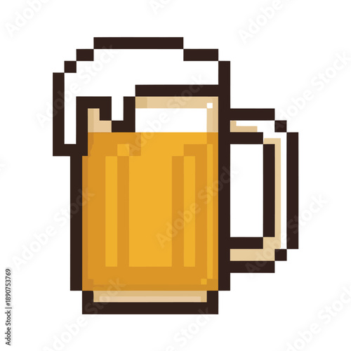 A pixelated illustration of a full beer mug with foam on top