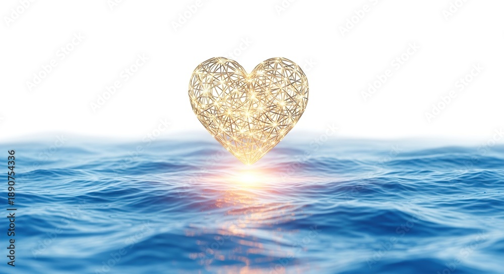 Fototapeta premium Glowing three dimensional golden wireframe heart sculpture hovering brightly above deep blue ocean waves under a bright white background