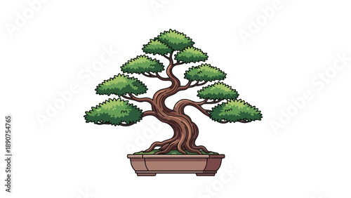 Vibrant Cartoon Bonsai Tree in Pot Illustrative Japanese Garden Art Element