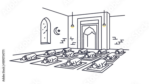 Muslim Men Praying in Mosque Illustration.